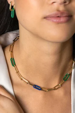 Online Zinzi gold plated zilveren ketting 45cm met paperclip-schakels en trendy schakels in lapisblauw en malachietgroen ZIC2455