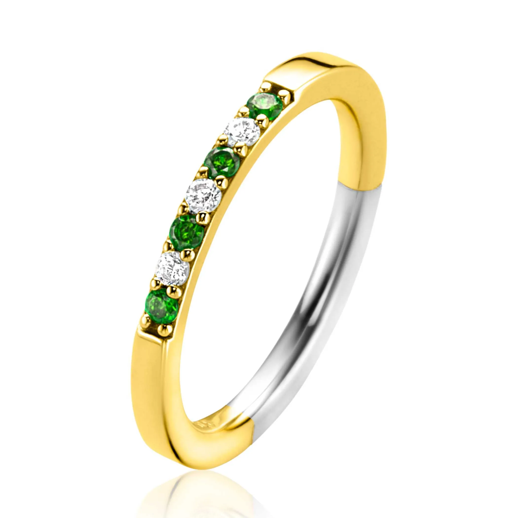 Clearance Zinzi gold plated zilveren aanschuifring 2mm breed in chatonzettingen bezet met diepgroene kleurstenen en witte zirconia's ZIR2557