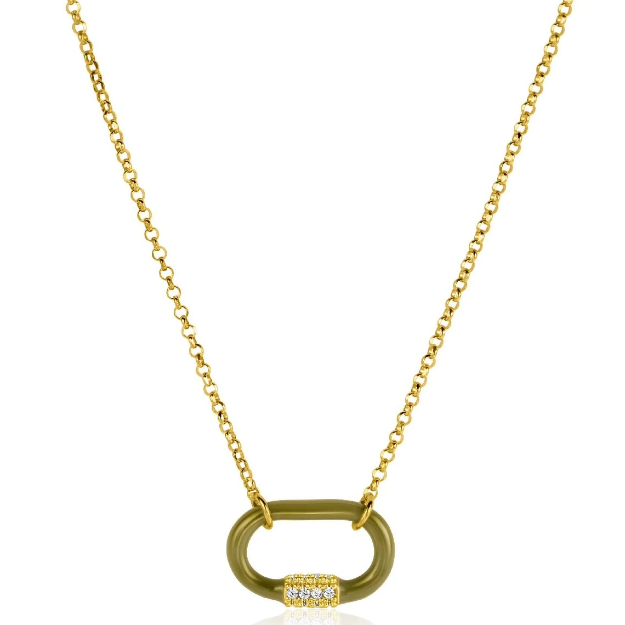 Sale Zinzi gold plated zilveren schakelketting 45cm ovale hanger olijfgroen emaille en witte zirconia's ZIC2374