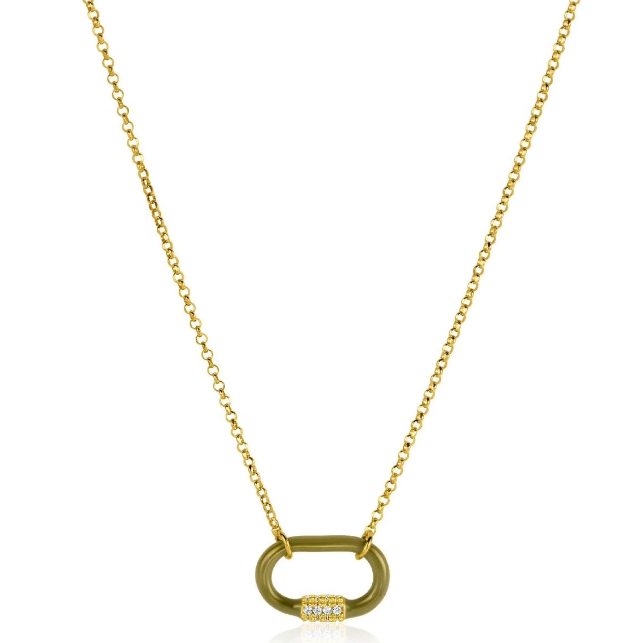 Sale Zinzi gold plated zilveren schakelketting 45cm ovale hanger olijfgroen emaille en witte zirconia's ZIC2374