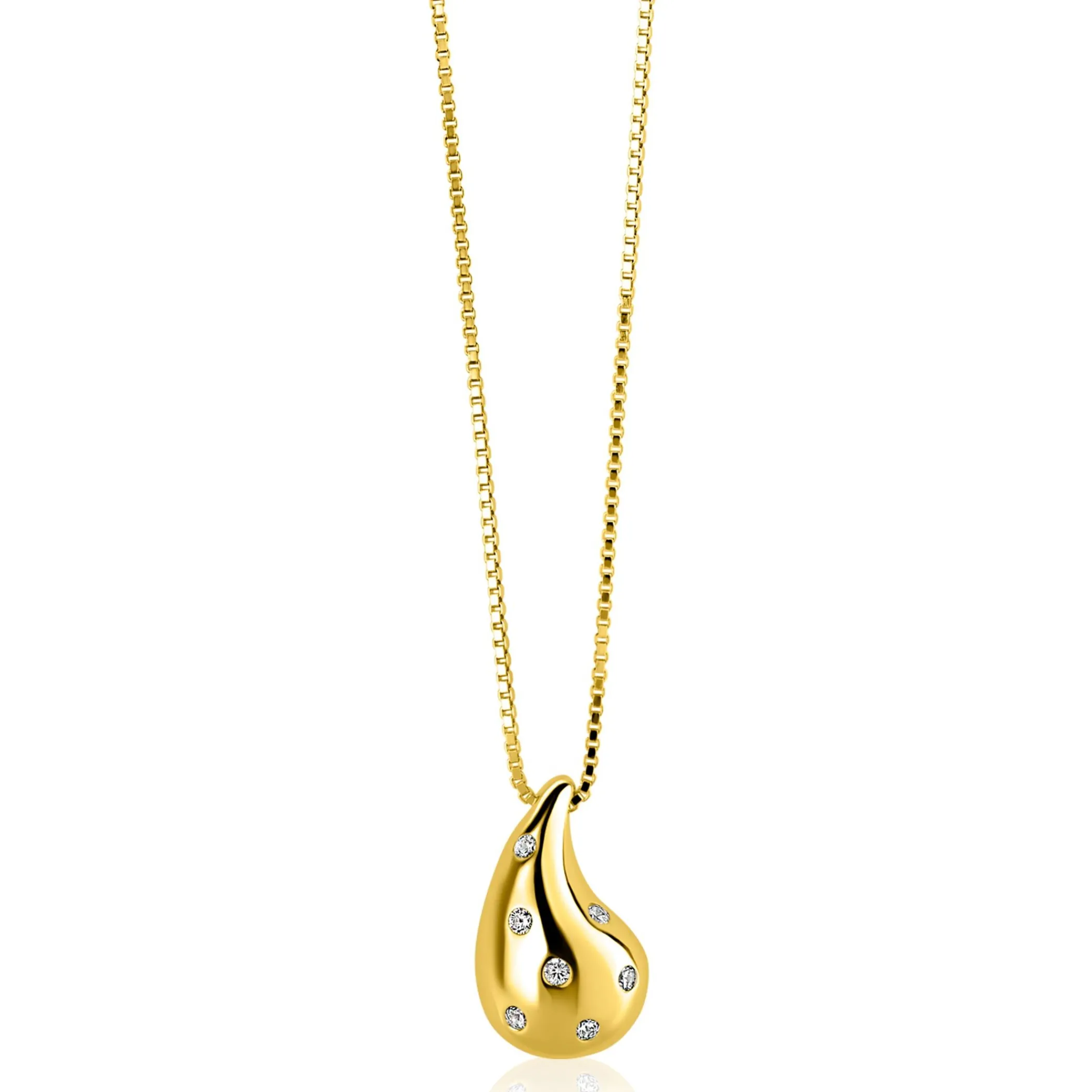 Clearance Zinzi gold plated zilveren venetiaanse ketting 45-48cm met druppelvormige hanger 20mm, bezet met witte zirkonia's ZIC2708Y