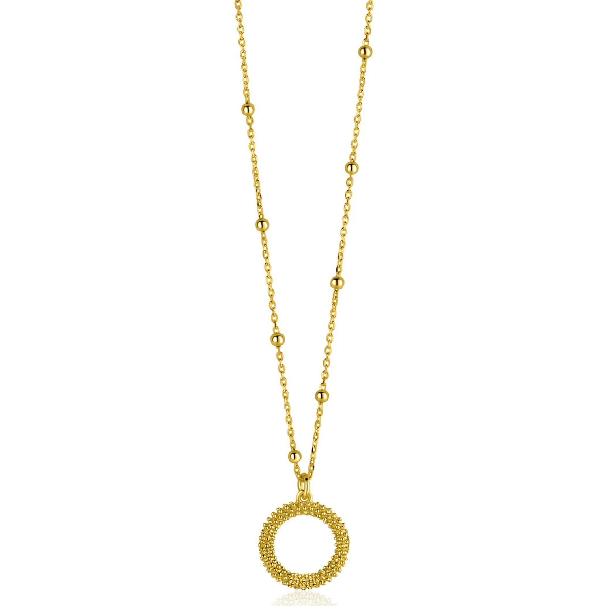 New Zinzi gold plated zilveren ketting met kleine bolletjes en ronde hanger (12mm) met bolstructuur 42-45cm ZIC2704G