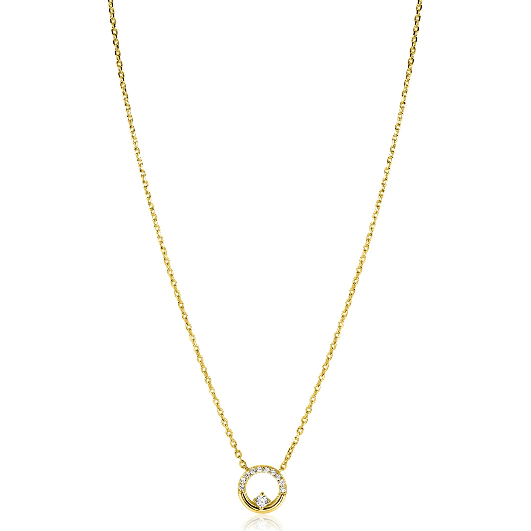 Online Zinzi gold plated zilveren ketting 42–45cm met ronde open hanger (12mm) en bezet met witte zirkonia's ZIC2725Y