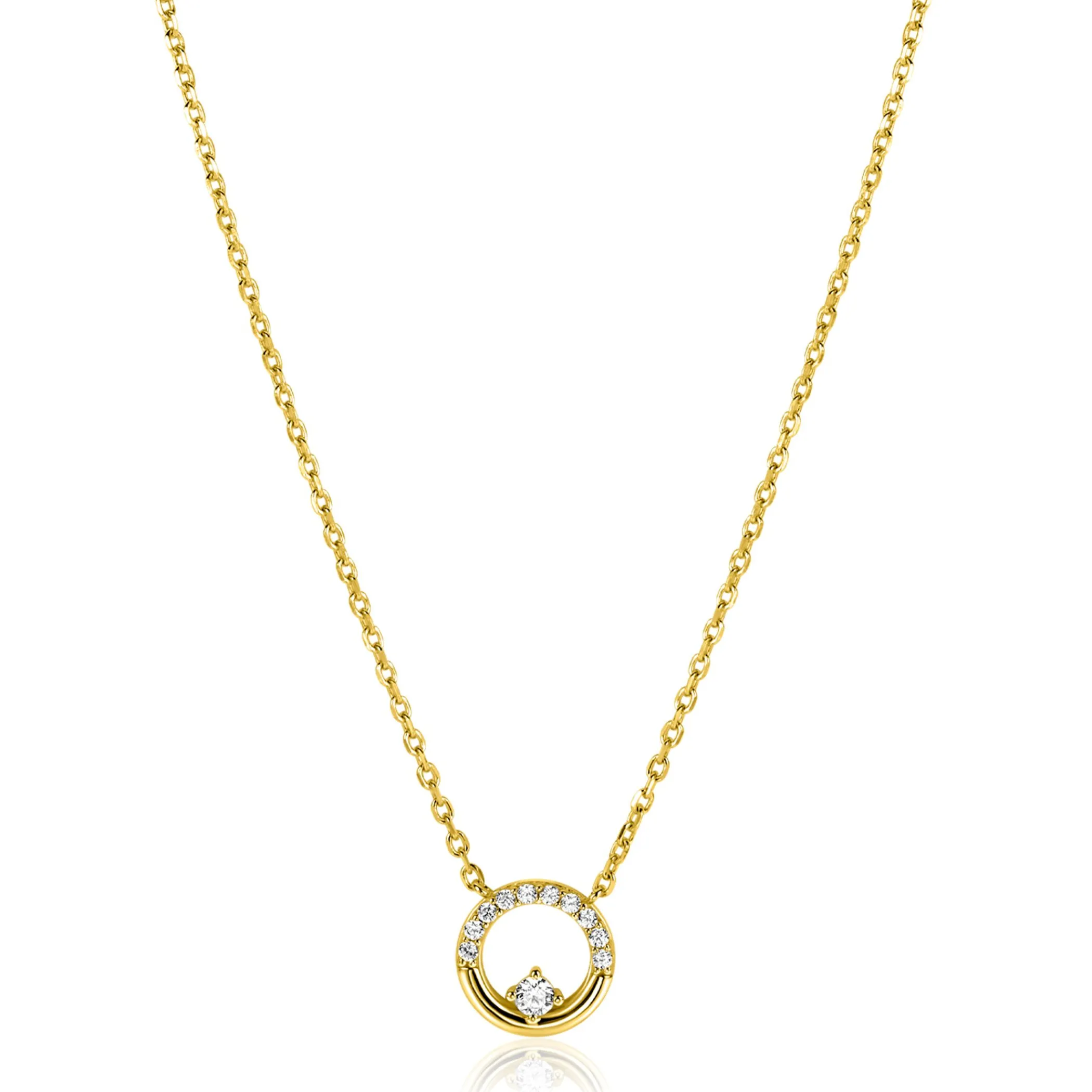 Online Zinzi gold plated zilveren ketting 42–45cm met ronde open hanger (12mm) en bezet met witte zirkonia's ZIC2725Y