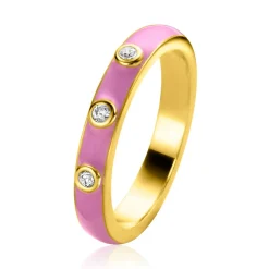 Clearance Zinzi gold plated zilveren aanschuifring trendy roze emaille en witte zirconia's 3mm ZIR2315R