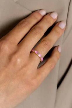 Clearance Zinzi gold plated zilveren aanschuifring trendy roze emaille en witte zirconia's 3mm ZIR2315R