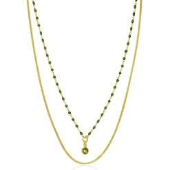 Outlet Zinzi gold plated zilveren multilook ketting met gourmet en groene bolletjes schakels, ronde zetting met olijfgroene kleursteen 42-45cm ZIC2528G