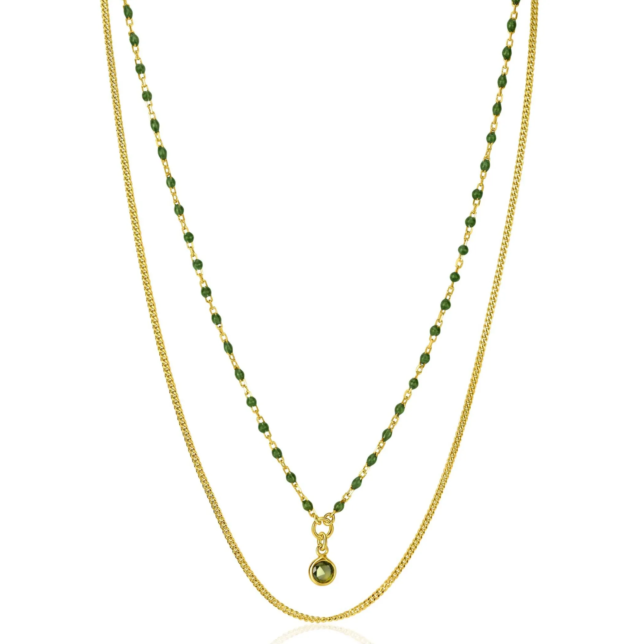Outlet Zinzi gold plated zilveren multilook ketting met gourmet en groene bolletjes schakels, ronde zetting met olijfgroene kleursteen 42-45cm ZIC2528G