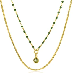 Outlet Zinzi gold plated zilveren multilook ketting met gourmet en groene bolletjes schakels, ronde zetting met olijfgroene kleursteen 42-45cm ZIC2528G