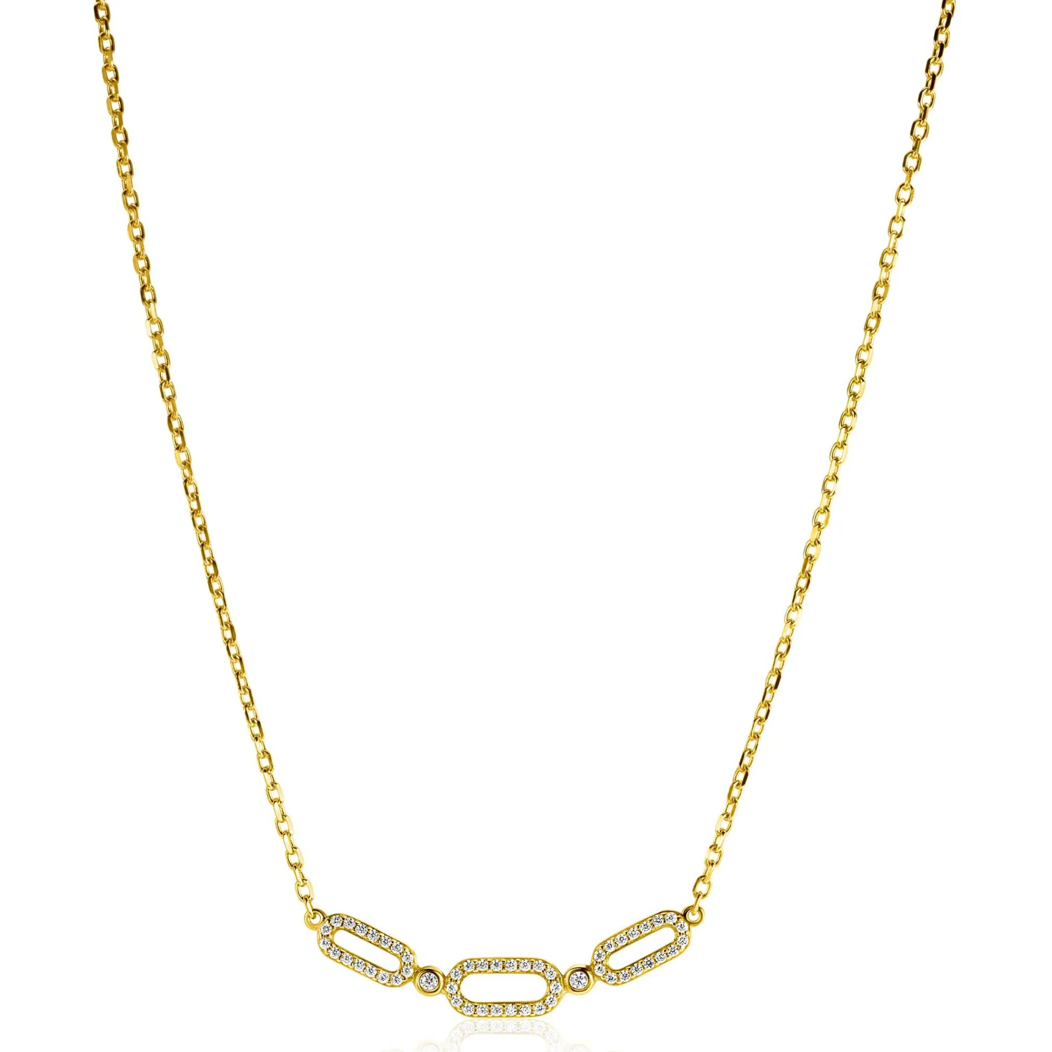 Clearance Zinzi gold plated zilveren ketting 45cm met drie ovale schakels, bezet met witte zirconia's ZIC2398Y