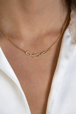 Clearance Zinzi gold plated zilveren ketting 45cm met drie ovale schakels, bezet met witte zirconia's ZIC2398Y