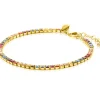 Best Zinzi gold plated zilveren tennis armband 3mm breed en bezet met regenboog kleurstenen in vierkante kastzettingen 17-20cm ZIA2666