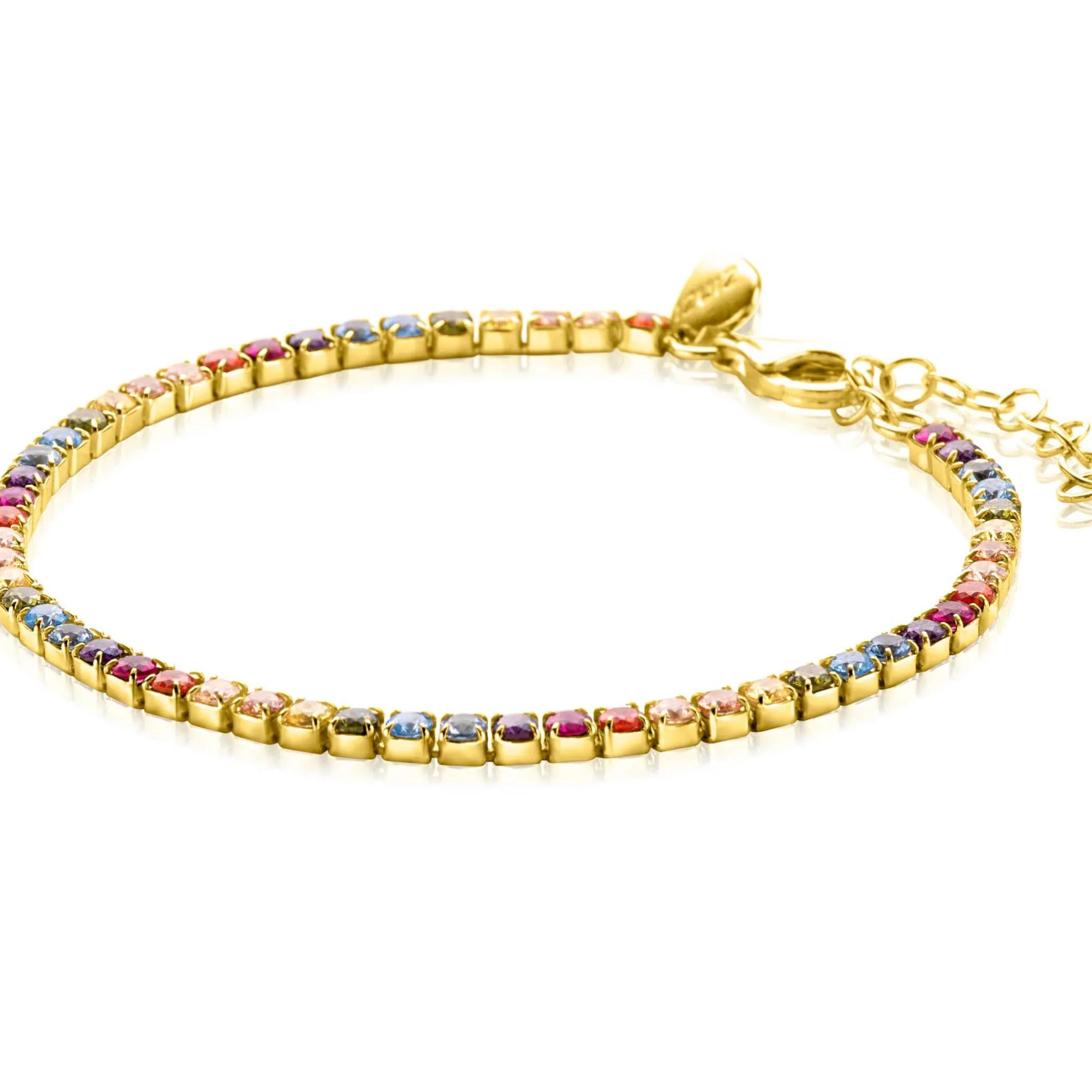 Best Zinzi gold plated zilveren tennis armband 3mm breed en bezet met regenboog kleurstenen in vierkante kastzettingen 17-20cm ZIA2666