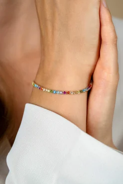 Best Zinzi gold plated zilveren tennis armband 3mm breed en bezet met regenboog kleurstenen in vierkante kastzettingen 17-20cm ZIA2666