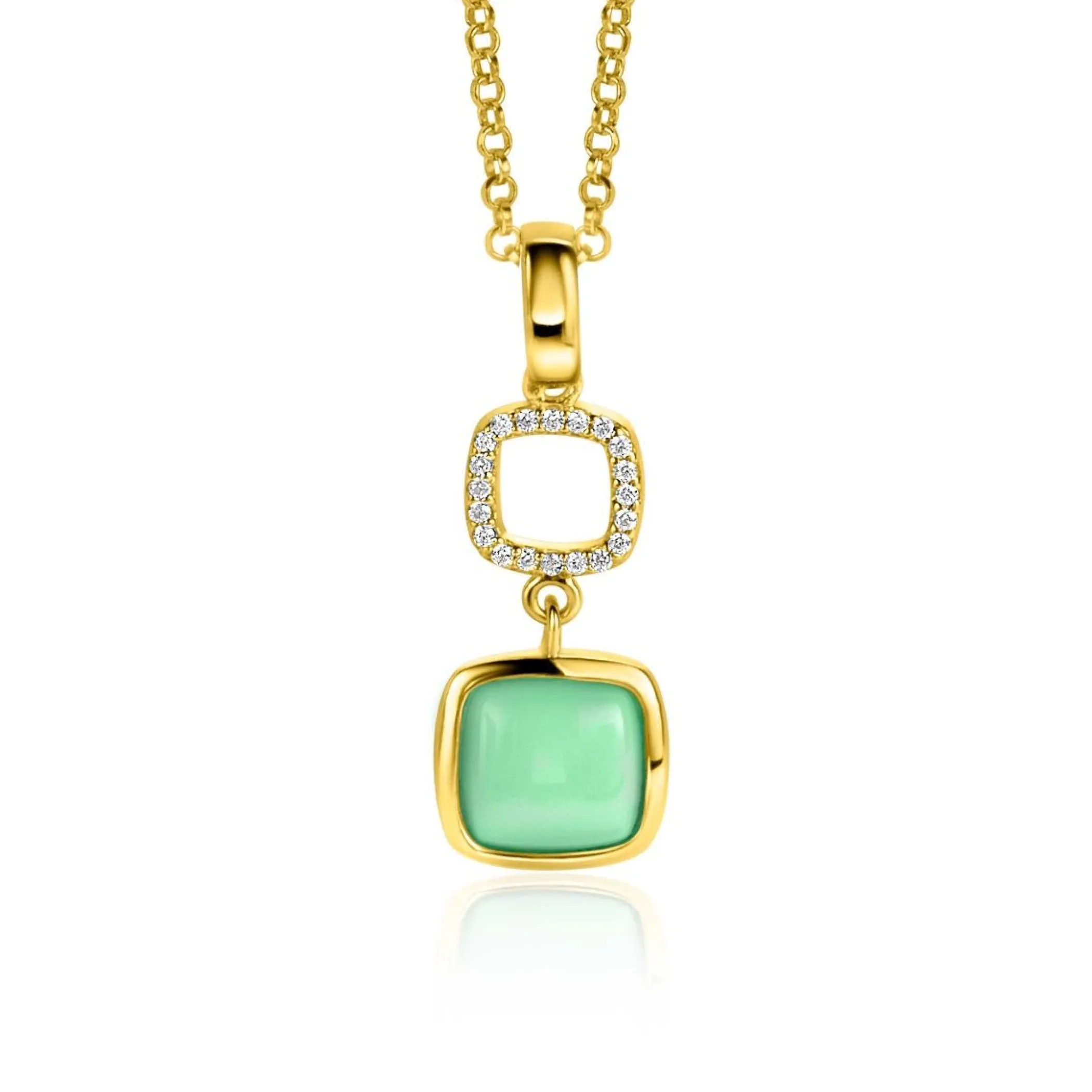 New Zinzi gold plated zilveren tweezijdige hanger 30mm vierkant met witte onyx en mintgroene kleursteen ZIH2308 (zonder collier)