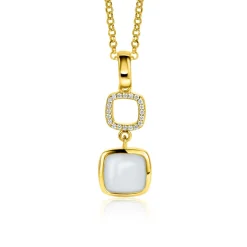 New Zinzi gold plated zilveren tweezijdige hanger 30mm vierkant met witte onyx en mintgroene kleursteen ZIH2308 (zonder collier)