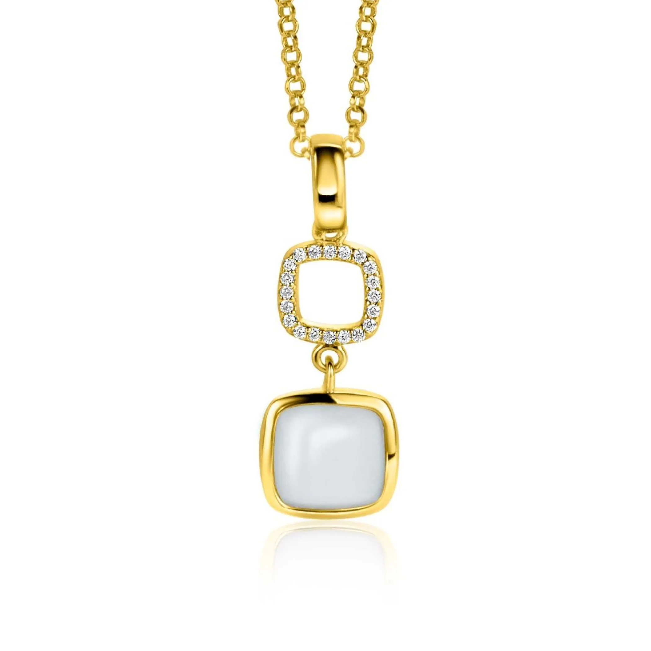 New Zinzi gold plated zilveren tweezijdige hanger 30mm vierkant met witte onyx en mintgroene kleursteen ZIH2308 (zonder collier)
