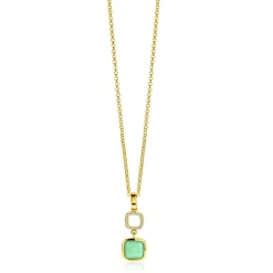New Zinzi gold plated zilveren tweezijdige hanger 30mm vierkant met witte onyx en mintgroene kleursteen ZIH2308 (zonder collier)