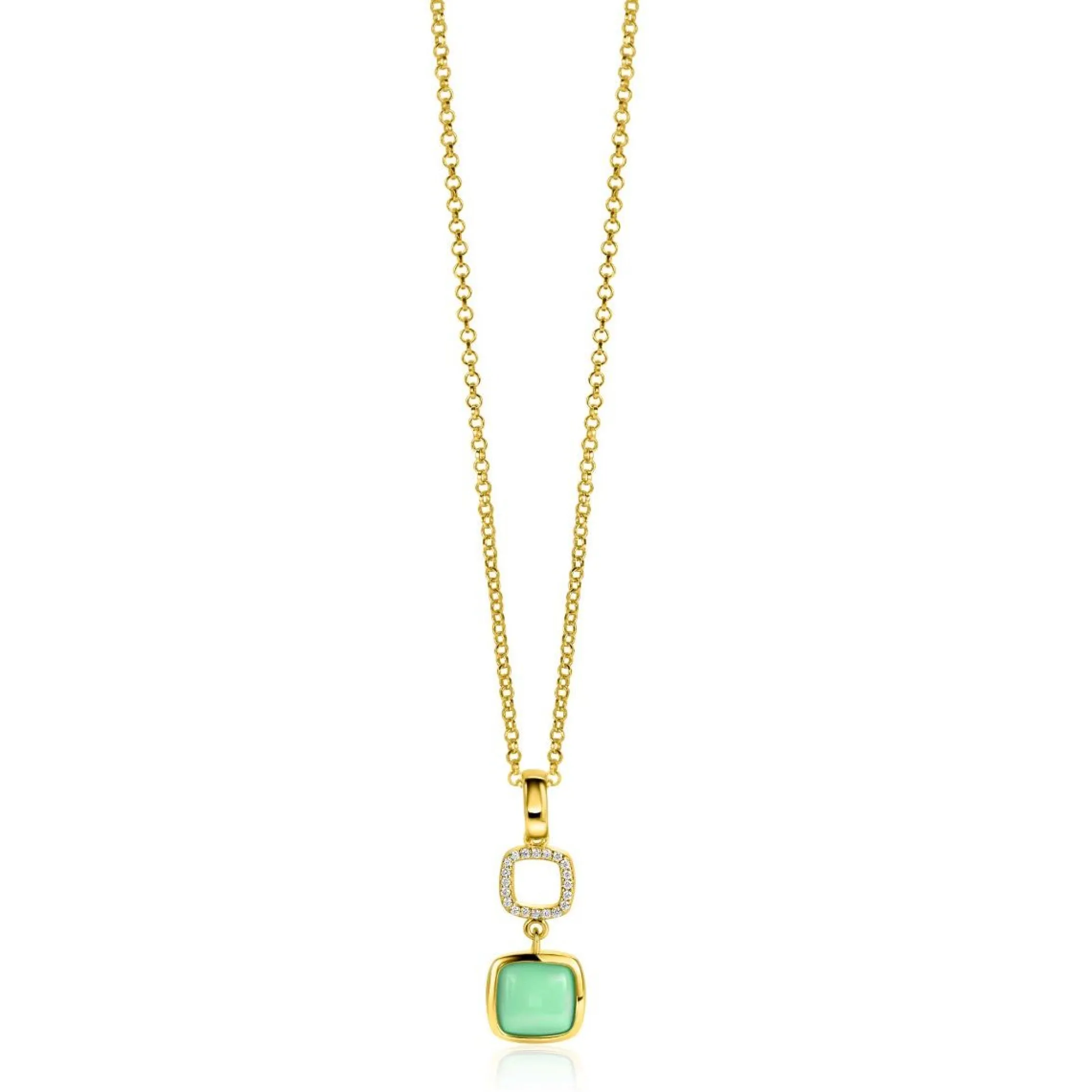New Zinzi gold plated zilveren tweezijdige hanger 30mm vierkant met witte onyx en mintgroene kleursteen ZIH2308 (zonder collier)