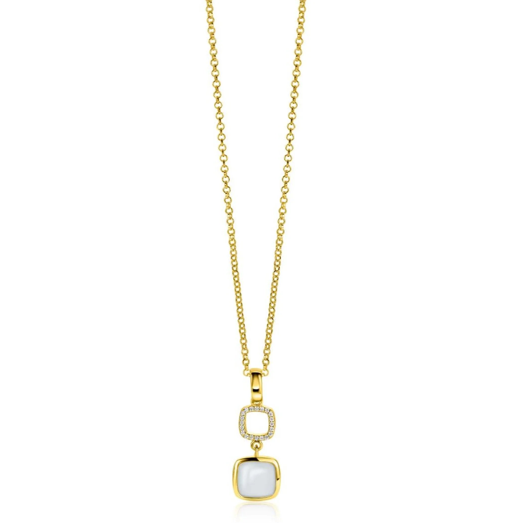 New Zinzi gold plated zilveren tweezijdige hanger 30mm vierkant met witte onyx en mintgroene kleursteen ZIH2308 (zonder collier)