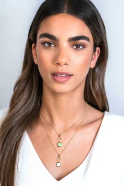 New Zinzi gold plated zilveren tweezijdige hanger 30mm vierkant met witte onyx en mintgroene kleursteen ZIH2308 (zonder collier)