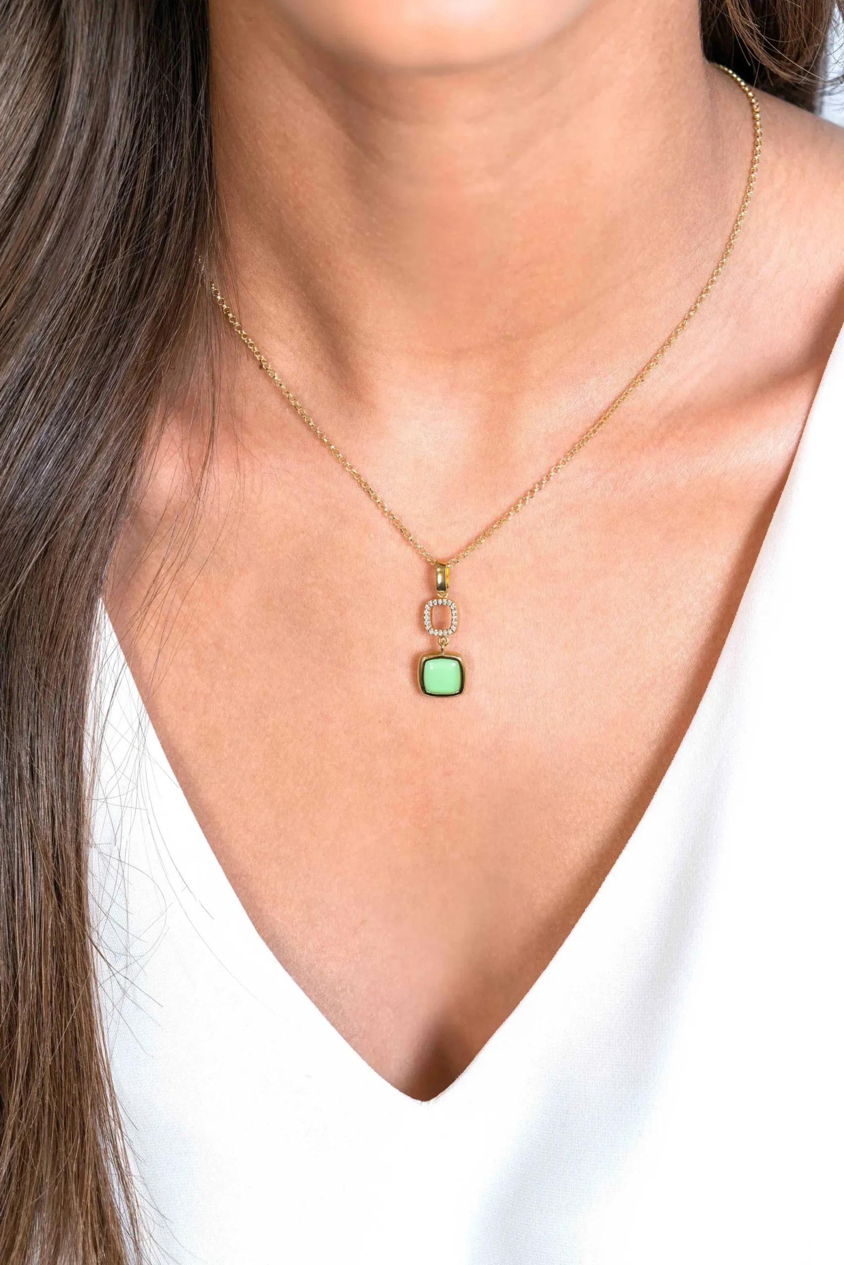 New Zinzi gold plated zilveren tweezijdige hanger 30mm vierkant met witte onyx en mintgroene kleursteen ZIH2308 (zonder collier)