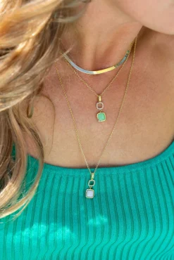 New Zinzi gold plated zilveren tweezijdige hanger 30mm vierkant met witte onyx en mintgroene kleursteen ZIH2308 (zonder collier)