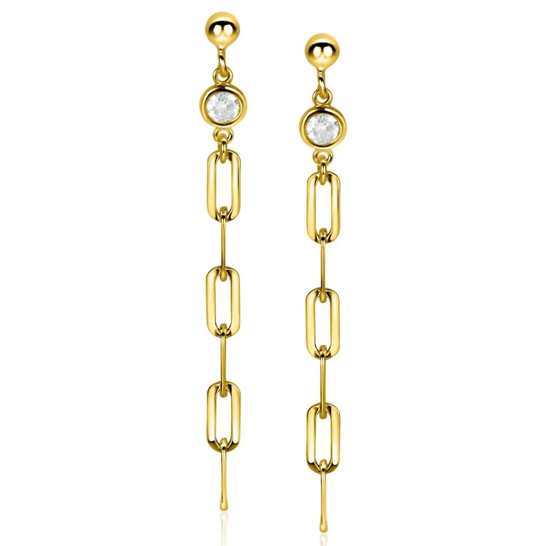 Clearance Zinzi gold plated zilveren oorstekers lange paperclip ketting 58mm witte zirconia ZIO2363Y
