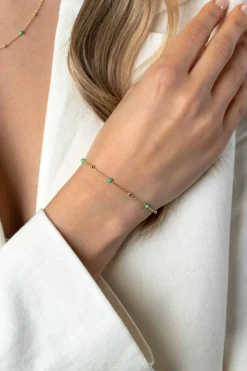 New Zinzi gold plated zilveren fantasie armband met 5 groene donuts en glanzende bolletjes 17-19,5cm ZIA2509
