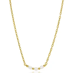 New Zinzi gold plated zilveren schakelketting met drie witte natuurlijk gevormde zoetwaterparels in het midden 42-45cm ZIC2643