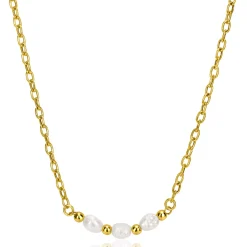 New Zinzi gold plated zilveren schakelketting met drie witte natuurlijk gevormde zoetwaterparels in het midden 42-45cm ZIC2643