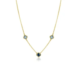 Clearance Zinzi gold plated zilveren schakelketting met twee lichtblauwe klavers en een donkerblauwe klaver 42-45cm ZIC2662B