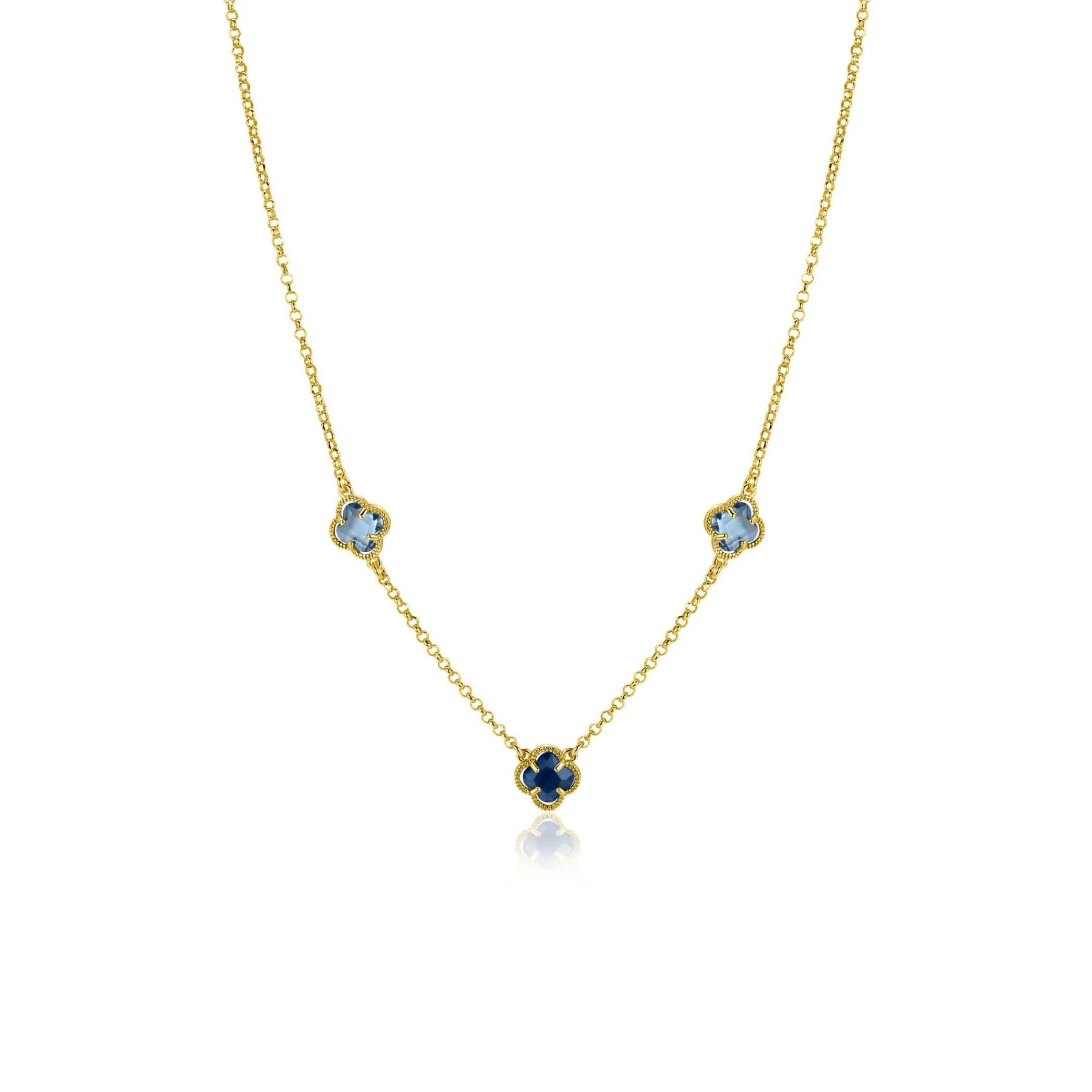Clearance Zinzi gold plated zilveren schakelketting met twee lichtblauwe klavers en een donkerblauwe klaver 42-45cm ZIC2662B