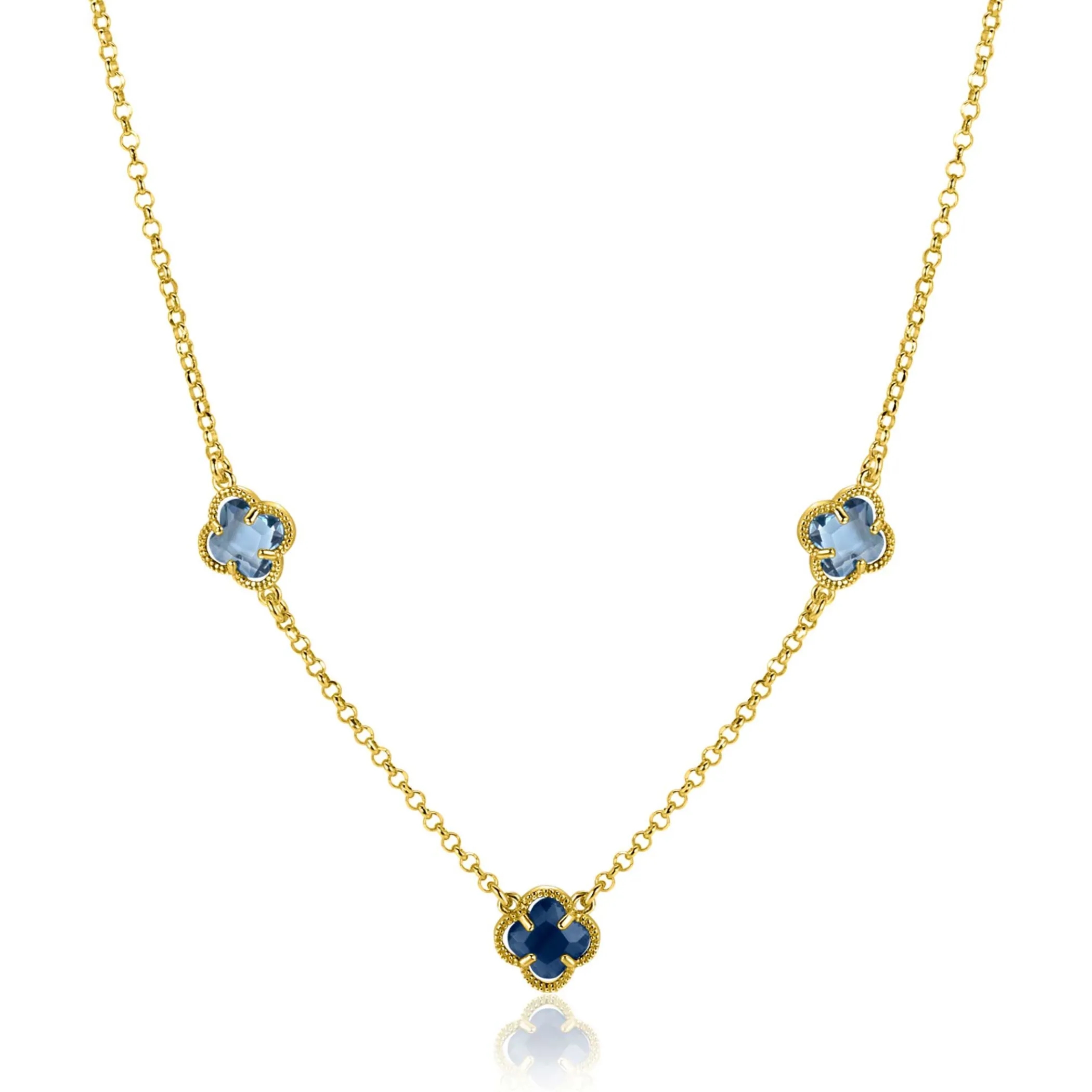 Clearance Zinzi gold plated zilveren schakelketting met twee lichtblauwe klavers en een donkerblauwe klaver 42-45cm ZIC2662B