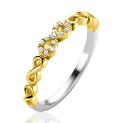 Hot Zinzi gold plated zilveren aanschuifring met sierlijke Infinity schakels, middelste is bezet met witte zirconia's 3mm breed ZIR2591