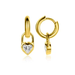 Outlet Zinzi gold plated zilveren oorbedels hart met witte zirconia 12mm ZICH2306 (zonder oorringen)