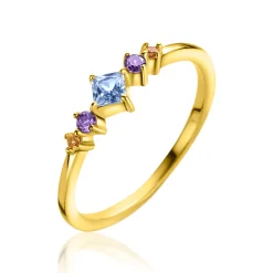 Best Zinzi gold plated zilveren ring met blauw, paars en champagne kleurstenen in ruitvorm ZIR2443