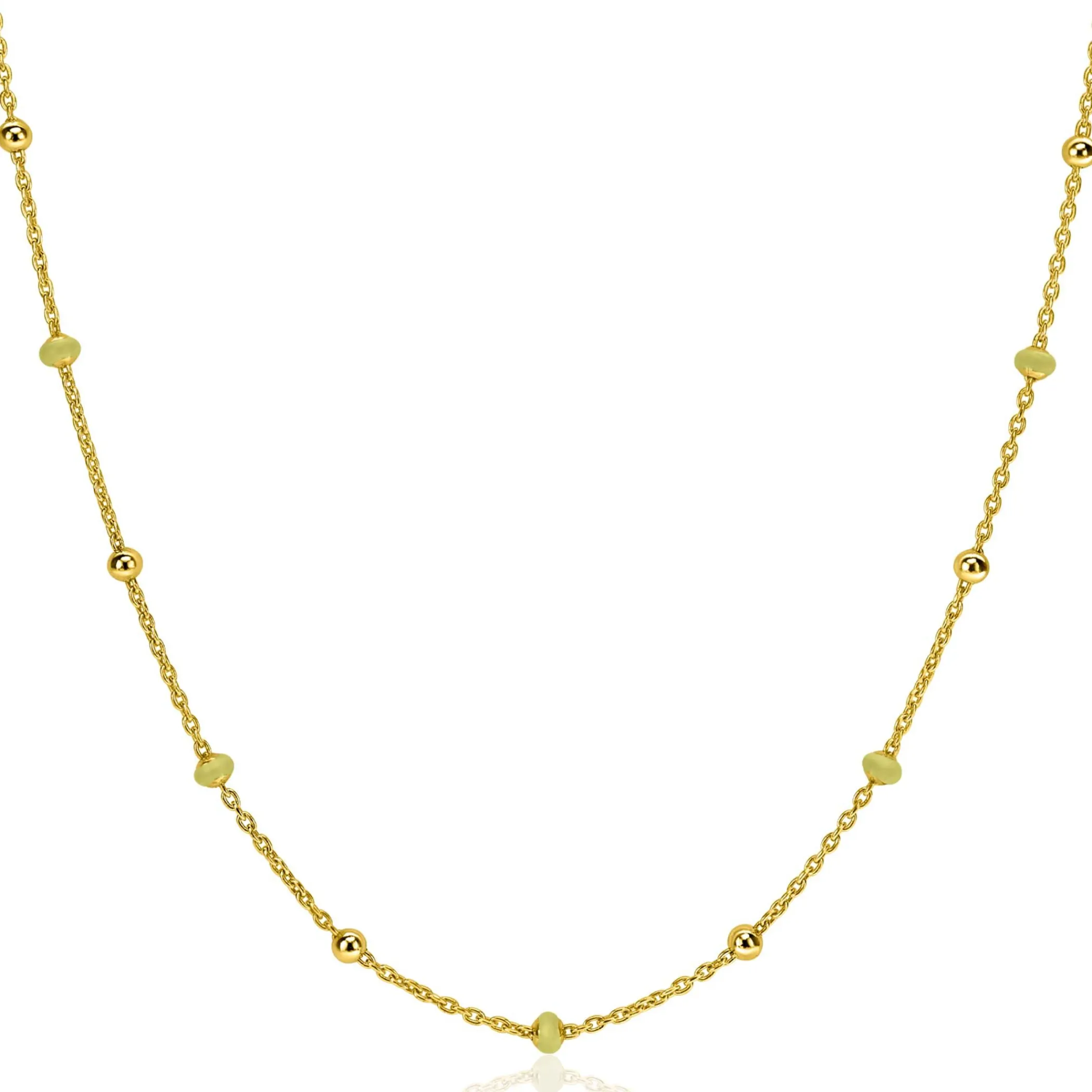 Best Zinzi gold plated zilveren fantasie ketting met 13 geelgroene donuts en glanzende bolletjes 42-45cm ZIC2508