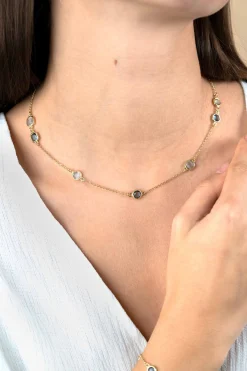 Discount Zinzi gold plated zilveren ketting met ronde en vierkante zettingen jeansblauw en witgrijs 42-45cm ZIC2526G