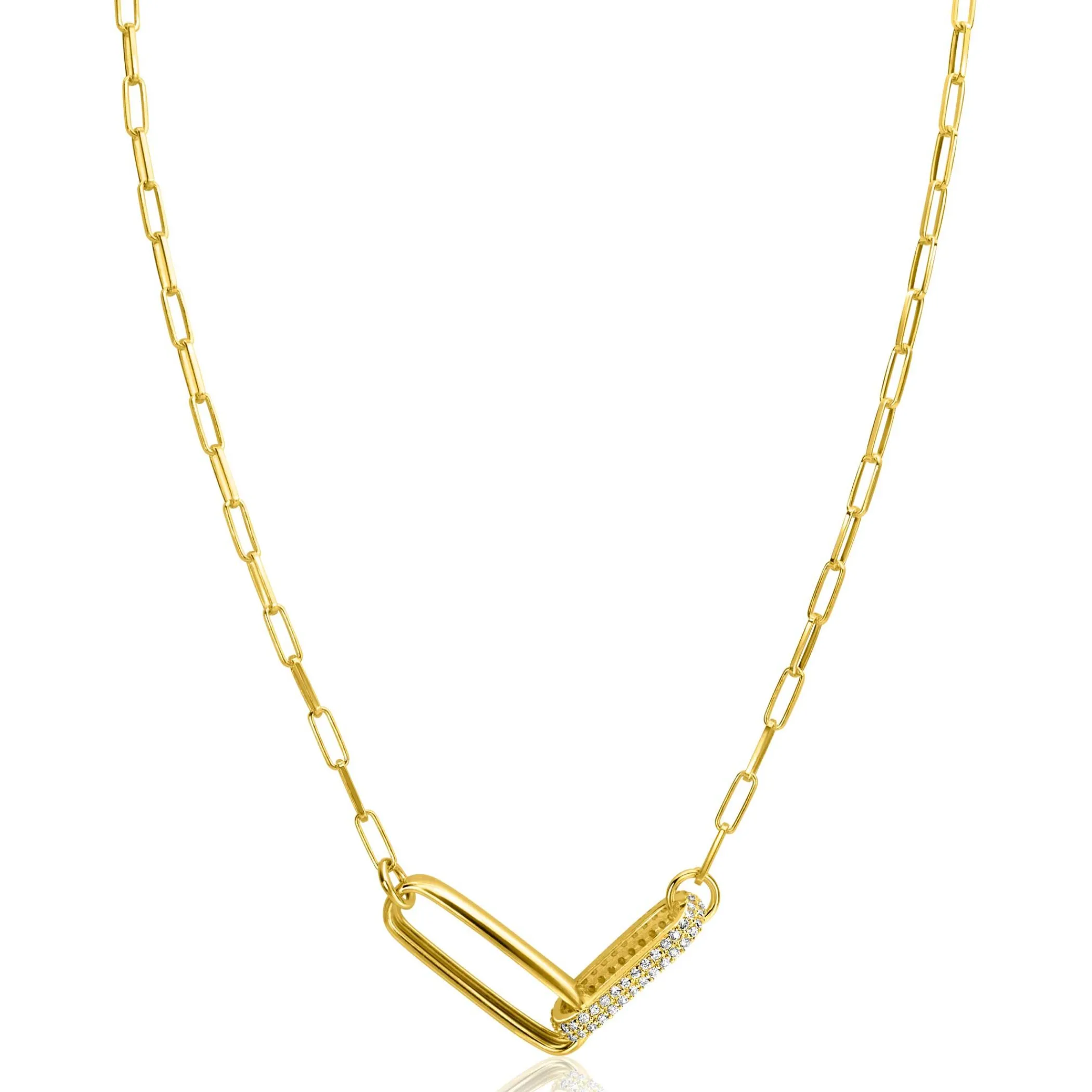 Clearance Zinzi gold plated zilveren schakel ketting 45cm met 2 grote ovale schakels, bezet met witte zirconia ZIC2371Y