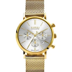 Online Zinzi horloge CHRONOGRAPH 34mm zilverkleurige wijzerplaat met datum en chronometers, geelgoudkleurige stalen kast, geelgoudkleurige stalen mesh band 18mm ZIW1533