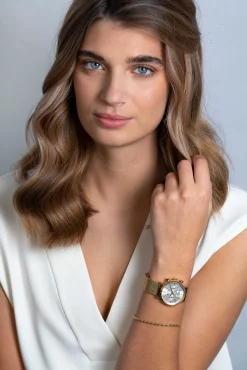 Online Zinzi horloge CHRONOGRAPH 34mm zilverkleurige wijzerplaat met datum en chronometers, geelgoudkleurige stalen kast, geelgoudkleurige stalen mesh band 18mm ZIW1533