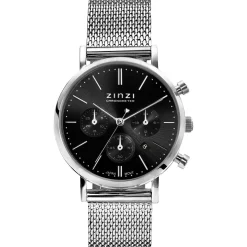Sale Zinzi horloge CHRONOGRAPH 34mm zwarte wijzerplaat met datum en chronometers, stalen kast, stalen mesh band 18mm ZIW1501
