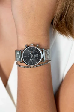 Sale Zinzi horloge CHRONOGRAPH 34mm zwarte wijzerplaat met datum en chronometers, stalen kast, stalen mesh band 18mm ZIW1501