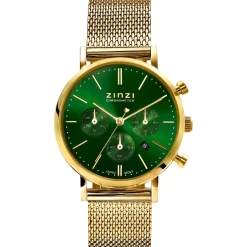 Outlet Zinzi horloge CHRONOGRAPH 34mm groene wijzerplaat met datum en chronometers, geelgoudkleurige stalen kast, geelgoudkleurige stalen mesh band 18mm ZIW1535