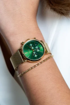 Outlet Zinzi horloge CHRONOGRAPH 34mm groene wijzerplaat met datum en chronometers, geelgoudkleurige stalen kast, geelgoudkleurige stalen mesh band 18mm ZIW1535