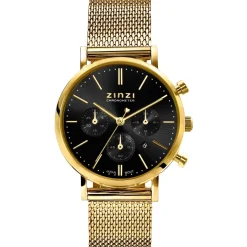 Best Zinzi horloge CHRONOGRAPH 34mm zwarte wijzerplaat met datum en chronometers, geelgoudkleurige stalen kast, geelgoudkleurige stalen mesh band 18mm ZIW1543