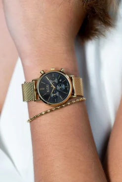 Best Zinzi horloge CHRONOGRAPH 34mm zwarte wijzerplaat met datum en chronometers, geelgoudkleurige stalen kast, geelgoudkleurige stalen mesh band 18mm ZIW1543