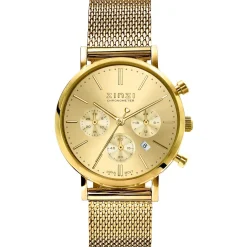 Discount Zinzi horloge CHRONOGRAPH 34mm geelgoudkleurige wijzerplaat met datum en chronometers, geelgoudkleurige stalen kast, geelgoudkleurige stalen mesh band 18mm ZIW1510