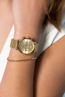 Discount Zinzi horloge CHRONOGRAPH 34mm geelgoudkleurige wijzerplaat met datum en chronometers, geelgoudkleurige stalen kast, geelgoudkleurige stalen mesh band 18mm ZIW1510